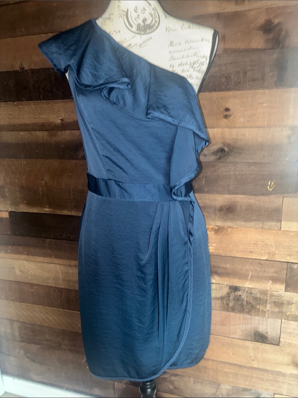 BCBGeneration One-Shoulder Navy Ruffled Wrap Dress